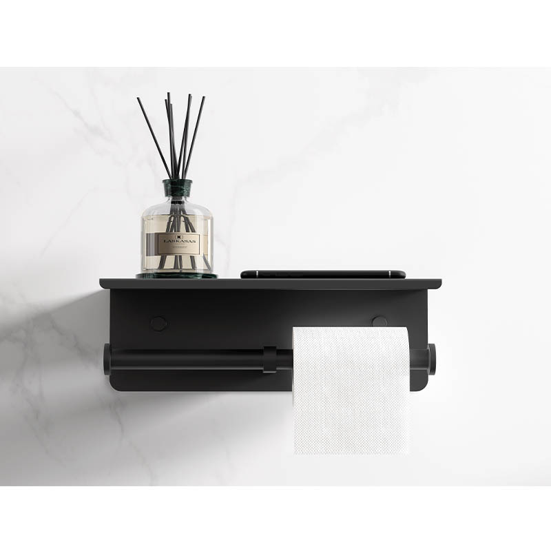 Stainless Steel Wall Mounted Double Post Toilet Paper Holder with Shelf Storage Rack Matte Black