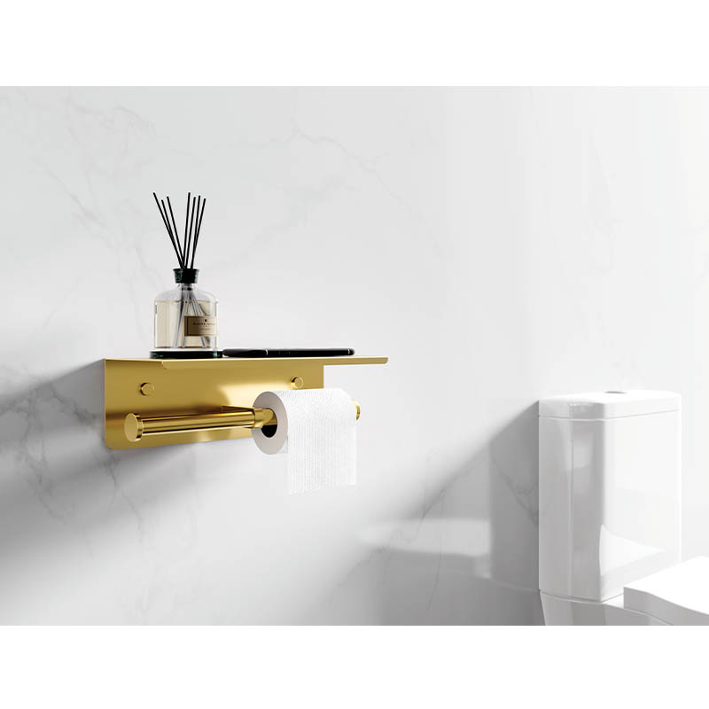 Double Toilet Paper Holder with Shelf Golden Color