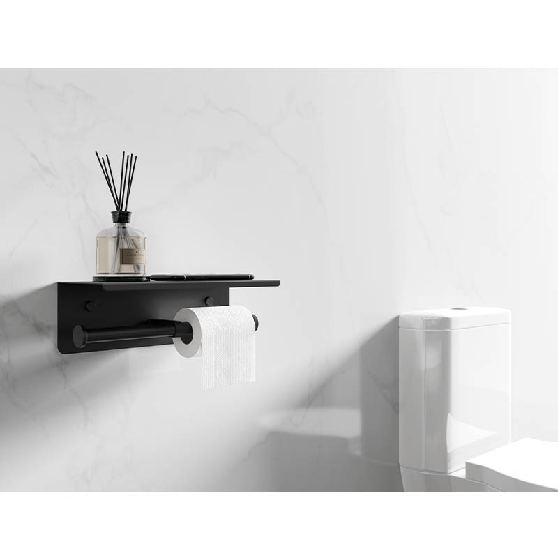 Stainless Steel Wall Mounted Double Post Toilet Paper Holder with Shelf Storage Rack Matte Black