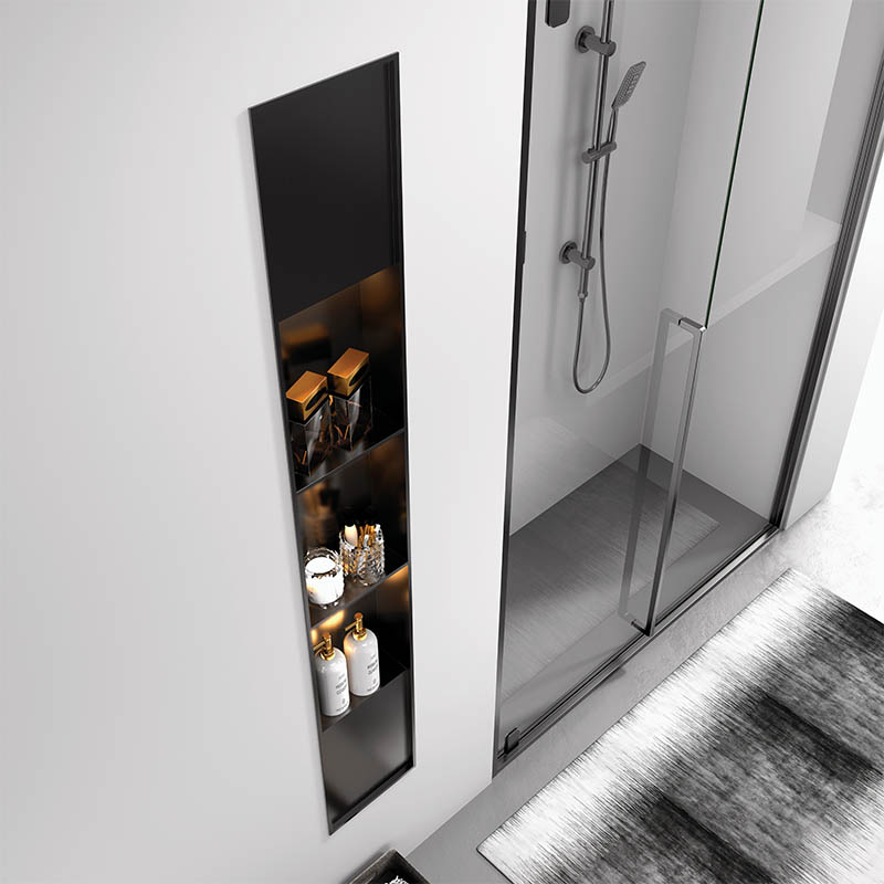 Extra-long stainless steel recessed shower niche with three vertical shelves