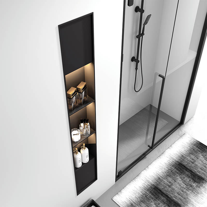 Extra-long stainless steel recessed shower niche with three vertical shelves