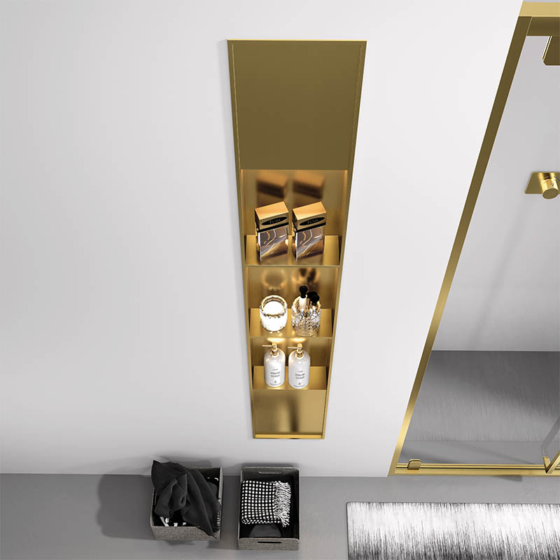Extra-long stainless steel recessed shower niche with three vertical shelves