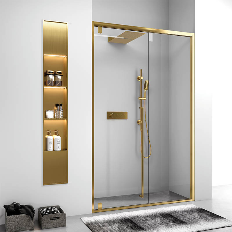 Extra-long stainless steel recessed shower niche with three vertical shelves