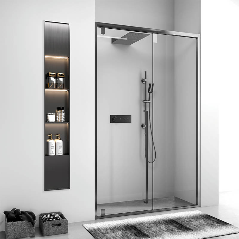 Extra-long stainless steel recessed shower niche with three vertical shelves